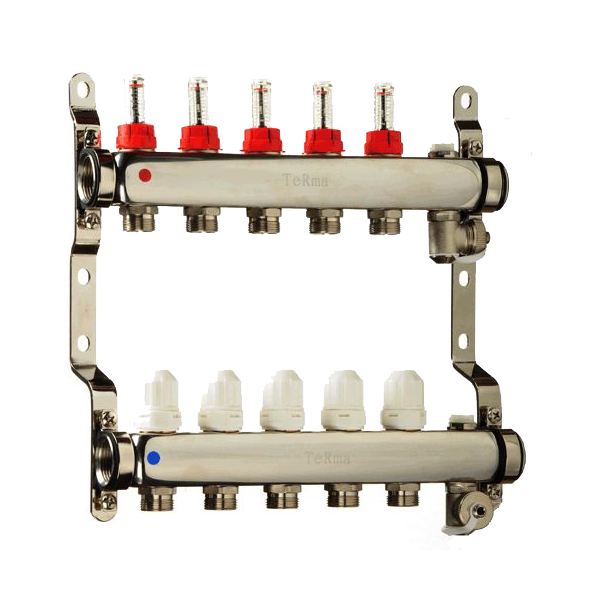 Коллекторная группа из нержавеющая сталь с расходомерами воздухоотводчиками и сливом 1"x5 вых. TeRma 14105