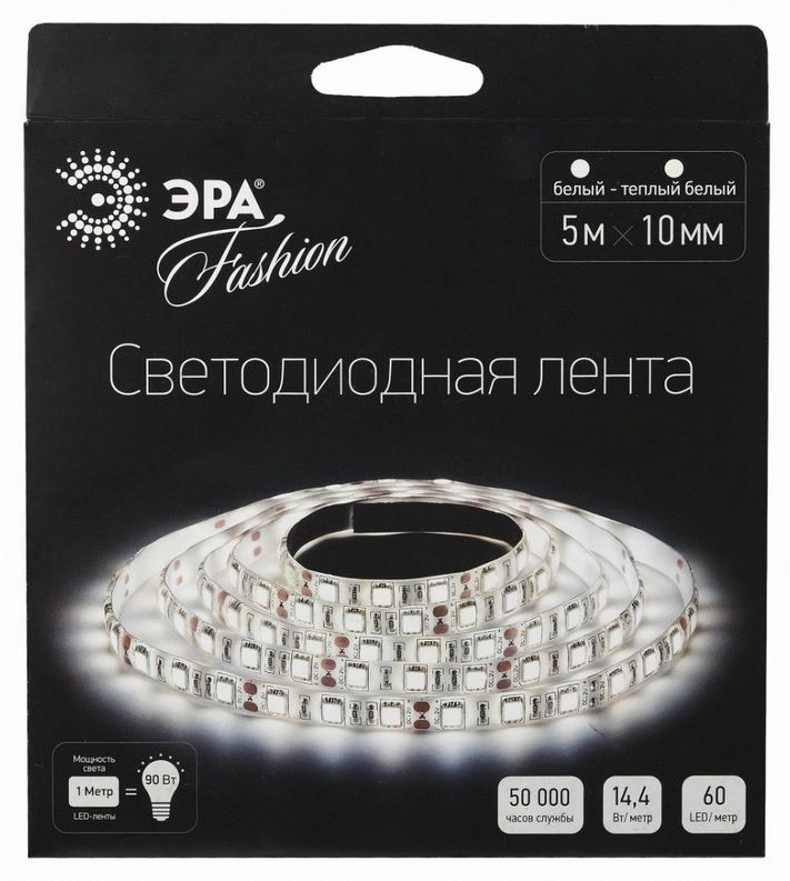 Лента светодиодная LS5050-60LED-IP20-WWW-5m 14.4Вт 12В IP20 60 диодов/метр ЭРА белый/теплый белый